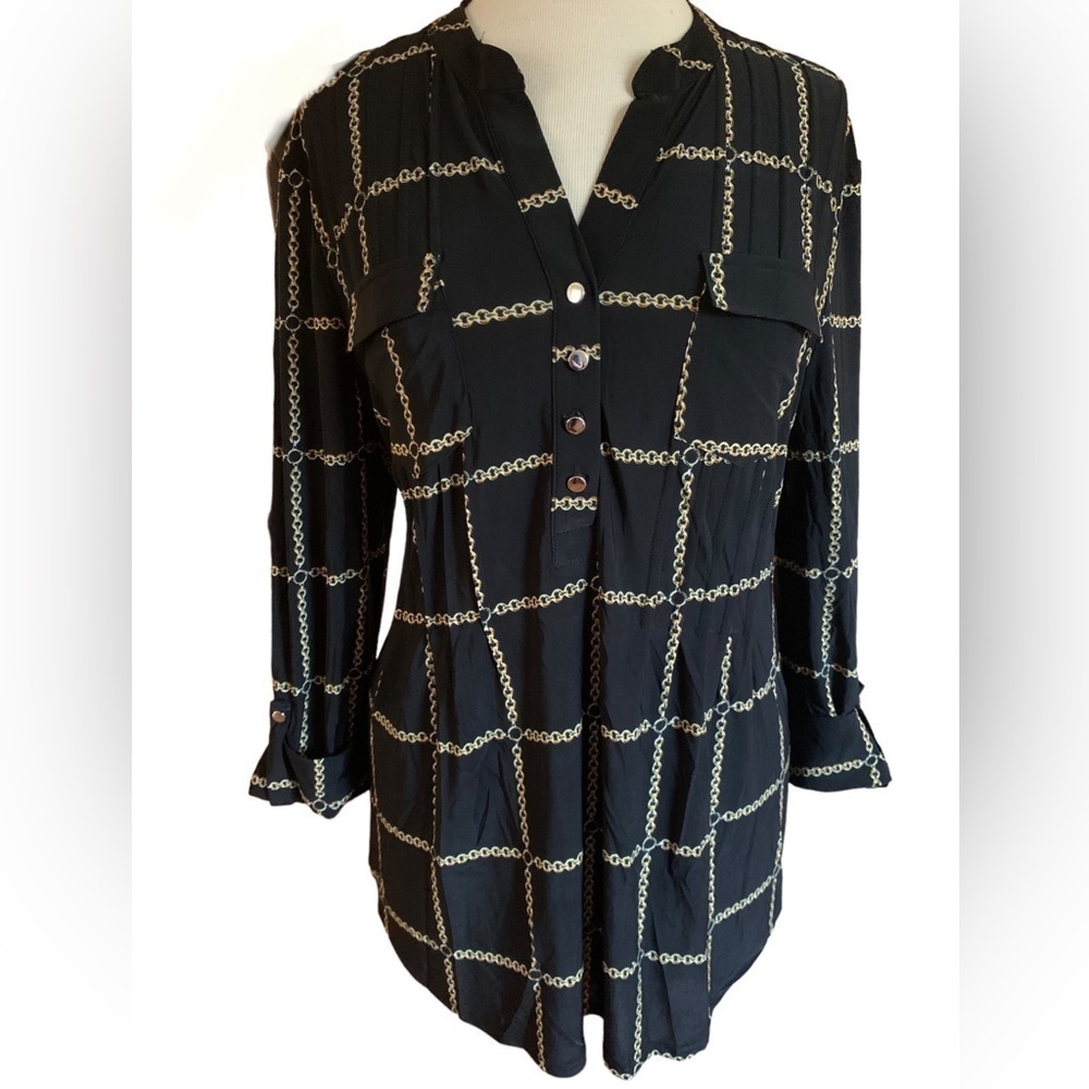 COCOMO Small 3/4 sleeve black yellow women’s Pintuck Blouse top shirt tunic
